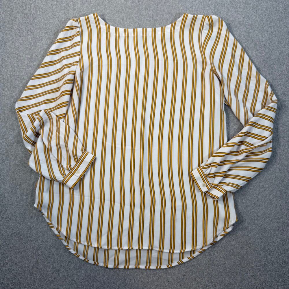 LOFT Women's Medium White Yellow Stripe Long Sleeve Keyhole Back Blouse Top